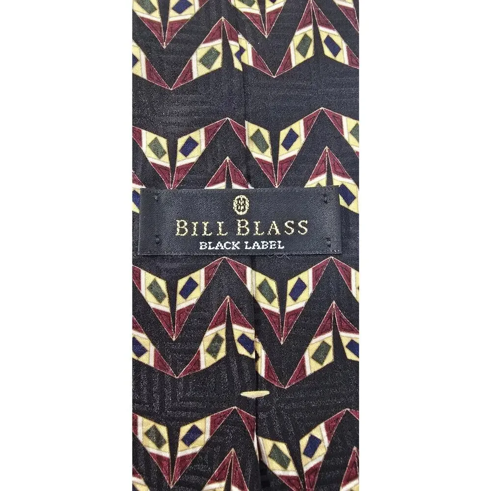 Bill Blass Tie Mens Vintage Black‎ Label Burgundy Gold Retro Silk